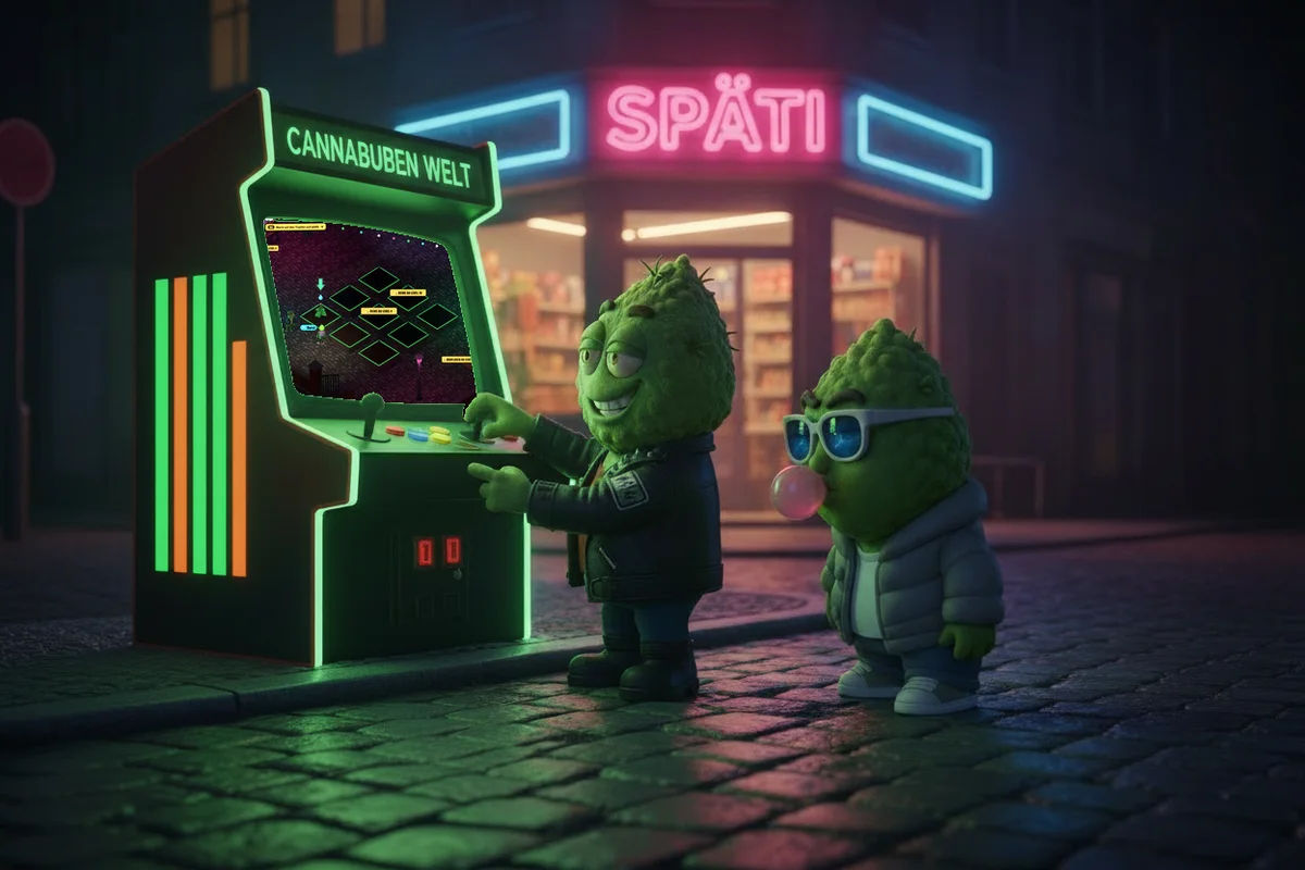 German Fritter und Kaugummi Karl spielen nachts vor dem Späti die Cannabuben-Welt an einem Arcade-Automaten